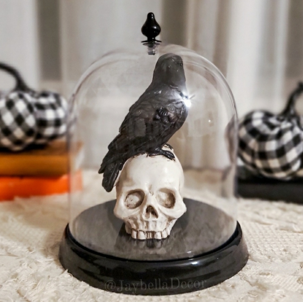 Halloween Decor Scary Skull with Crow Figurine & Black Cloche